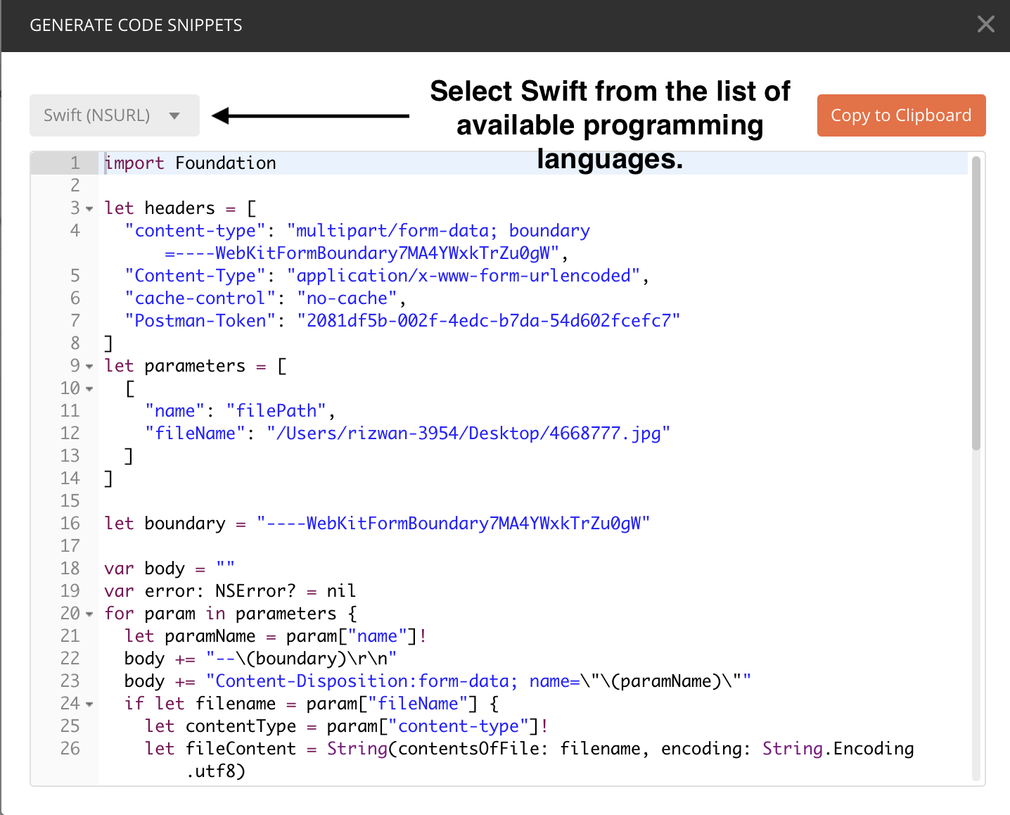 Postman Swift snippet 1